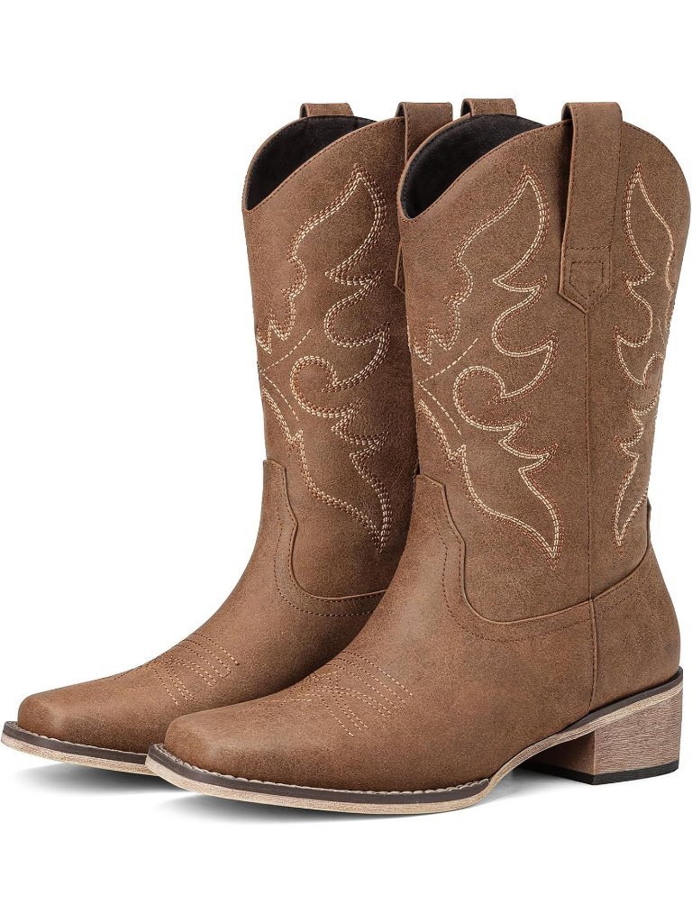 Women Brown Faux Leather Toe Cowboy Boots Mid-Calf Embroidered Chunky Heel